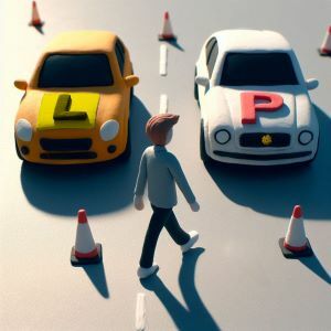 AI generated claymation style image of a yellow car with an L plate on it and a white car with a P plate on it and a person walking towards the white car.  There are some orange and white cones in front of and behind the cars.